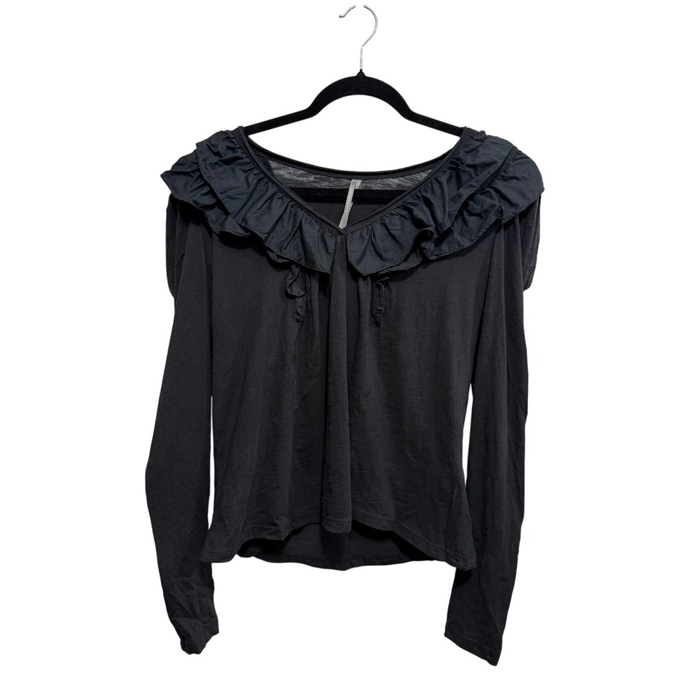 By Anthropologie Top Womens S Black Ruffle V Neck Long Sleeve Knit Blouse chic - Picture 1 of 16